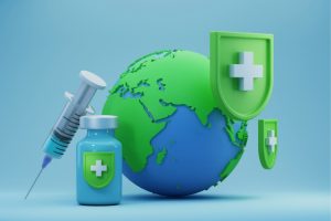 Global health concept: Earth with vaccines, syringe, and green shield symbols of protection.