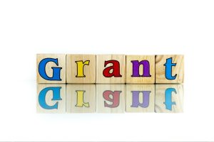 Colorful wooden blocks spell 'Grant' with a subtle reflection on a white background.