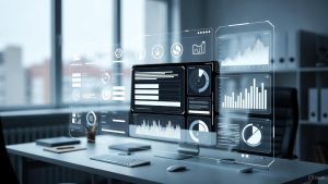 Holographic data dashboards with charts and graphs hovering above a desk in a modern office.