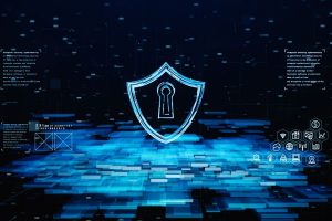Blue digital shield with a keyhole at the center, symbolizing cybersecurity protection in a tech interface.