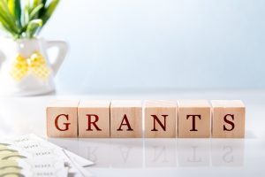 Wooden blocks spell GRANTS on a reflective white surface with a blurred potted plant in the background, and money at the edge.