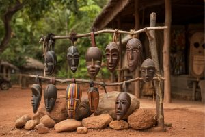 Collection of carved wooden masks hanging on a rustic wooden rack outdoors, with a dirt ground and stones nearby.