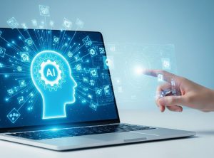 Blue holographic AI brain outline emerges from the laptop screen as a hand touches a glowing panel near it.