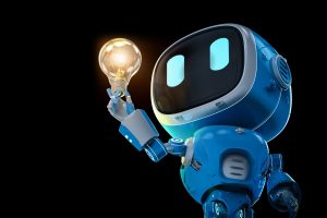 Blue robot holding a glowing lightbulb against a black background, symbolizing innovation and ideas.