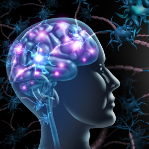 Illustration of a side profile of a head with a glowing blue brain and pink/purple neurons active across the cortex.