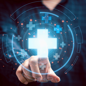 Finger pointing at a glowing white medical cross surrounded by blue holographic circular HUDs, symbolizing digital health tech