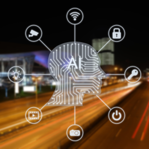 Abstract AI brain with circuit traces connected to smart-city icons (Wi‑Fi, security, power, camera, video, lightbulb, lock, key) in a nighttime scene.