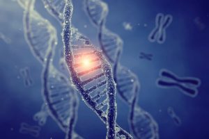 Close-up of a glowing DNA double helix against a blue background, highlighting genetic material.
