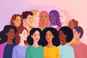 Diverse group of women standing together, facing forward, with a pink-purple gradient background.