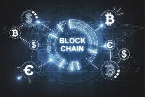 Global blockchain hub with glowing crypto symbols circling a central blockchain label over a world map of connections