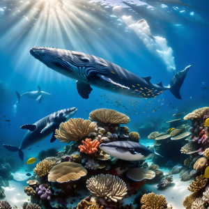 Underwater scene with a large baleen whale swimming above a vibrant coral reef.