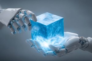 Robotic hands cradle a glowing blue ice cube, emitting light at the point of contact.