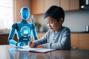 A young boy drawing at a table with a friendly blue humanoid robot assistant beside him in a home setting