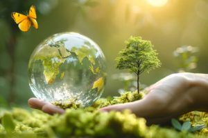 Hand holding a sapling and a glass globe of Earth, with a yellow butterfly, symbolizing environmental care.