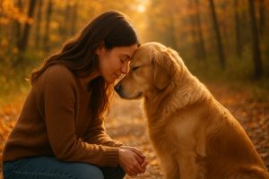 Woman sits on a leaf-strewn path in autumn, heads touching with a Golden Retriever, sharing a quiet moment in the forest.