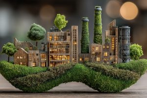 Miniature eco-city perched on a mossy hand sculpture, featuring buildings, trees, and green chimneys to symbolize sustainable urban living.